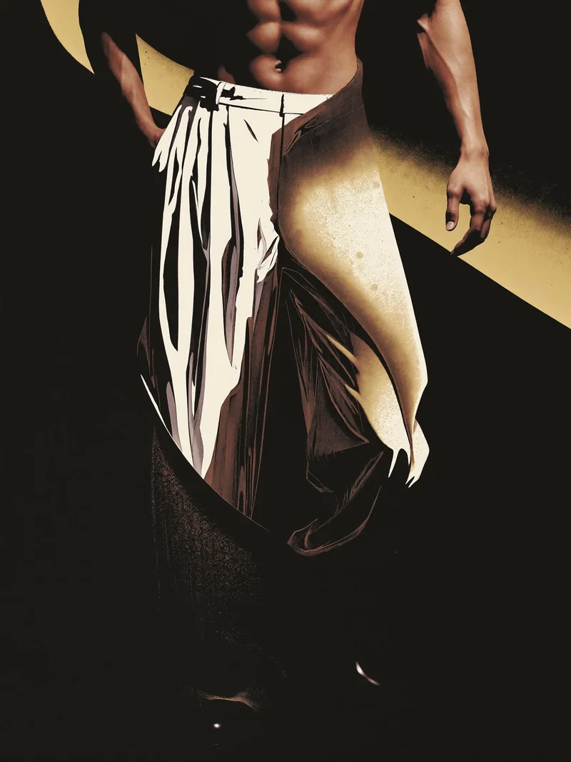 Studio illustrato di pantaloni ampi a pieghe con cuciture curve